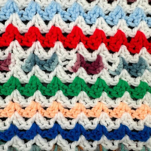 Vintage Afghan Throw Blanket Crocheted Handmade Fringe Rainbow Stripes Retro - Picture 4 of 9